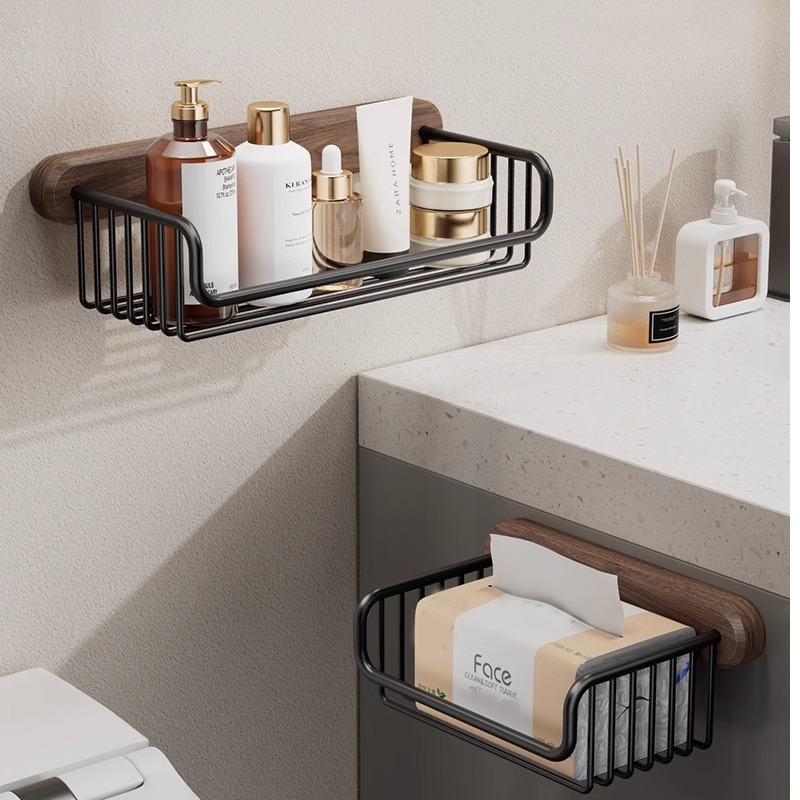 Walnut Wood Toilet Paper Holder – No Drilling, With Storage Basket
