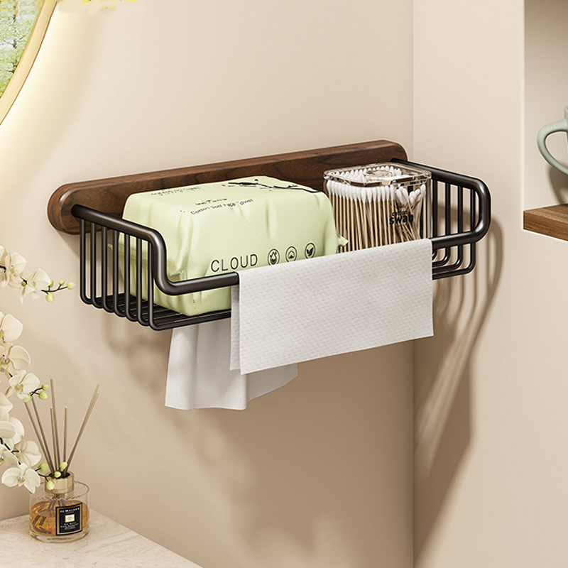 Walnut Wood Toilet Paper Holder – No Drilling, With Storage Basket