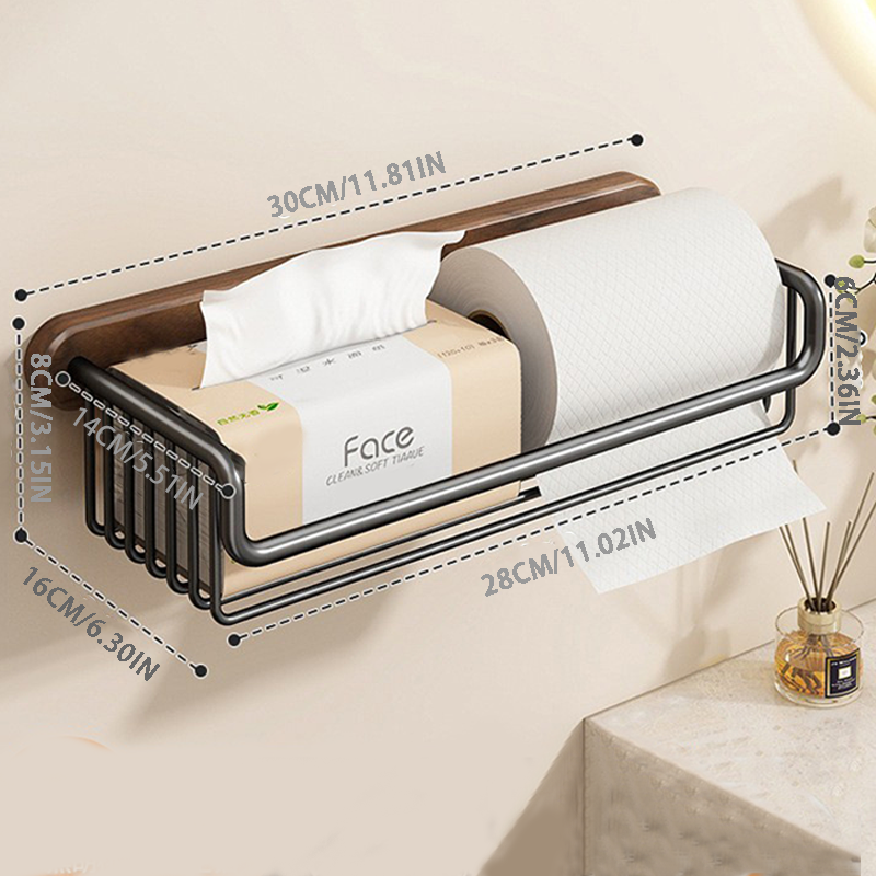Walnut Wood Toilet Paper Holder – No Drilling, With Storage Basket