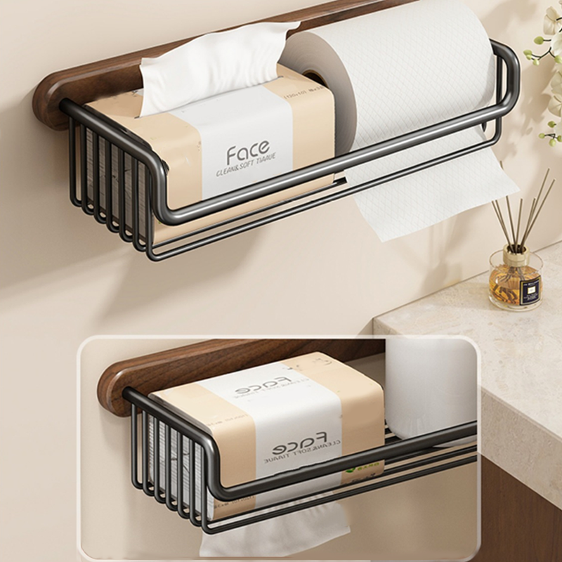 Walnut Wood Toilet Paper Holder – No Drilling, With Storage Basket