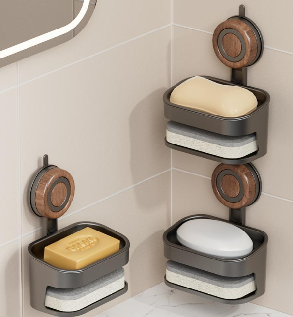 Suction Cup Wood Grain Soap Holder – Wall-Mounted & Draining Design