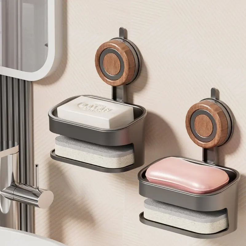 Suction Cup Wood Grain Soap Holder – Wall-Mounted & Draining Design